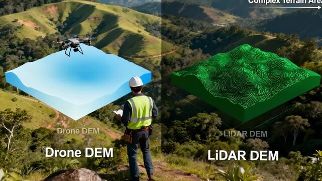 Engineer comparing digital elevation models from drone and LiDAR sources to enhance the accuracy of topographic mapping in complex environments.
