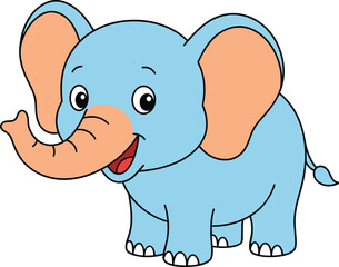 Obraz premium Cartoon blue elephant, peach ears, smiling face, raised trunk, cute animal, children’s design, playful character -flat vector illustration