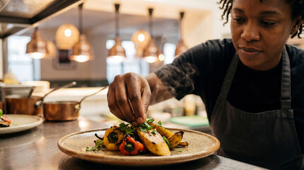 Black woman chef plating a gourmet dish with roasted vegetables in a professional kitchen