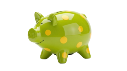 Green piggy bank with yellow polka dots isolated PNG, savings and investment concept for financial planning and money management