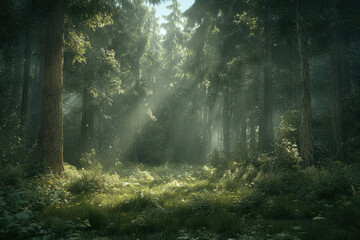 Obraz premium The Tranquil Beauty of a Cinematic Forest Under Soft Sunlight