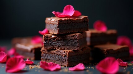 An elegant stack of rich chocolate brownies decorated with vibrant pink flower petals for a romantic dessert