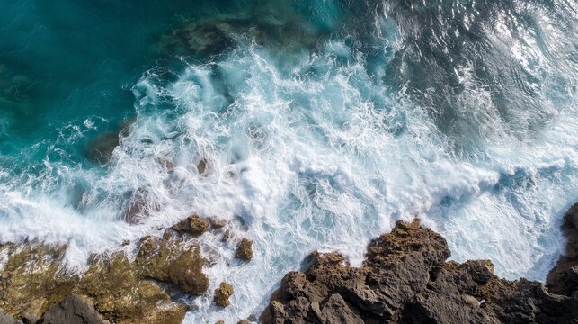 Waves crash on rocky shore during sunny day near blue ocean water