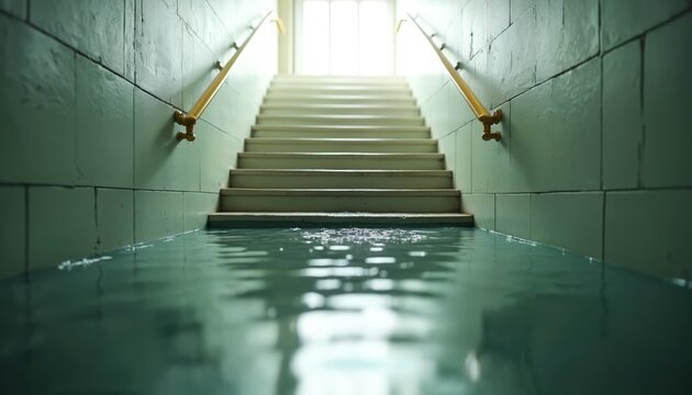 Interior staircase with flooded lower steps. Water fills the basement area. Light shines from top windows, reflecting on wet surfaces. Calm yet unsettling scene inside building.