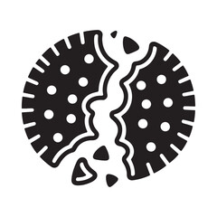 A simple black and white illustration of a broken cookie with crumbs