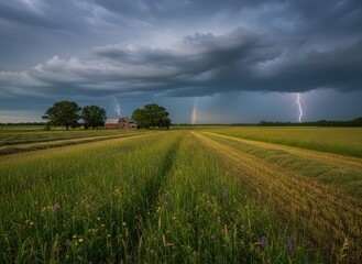 Obraz premium Dramatic Landscape with Lightning and Rainbow Over Golden Fields