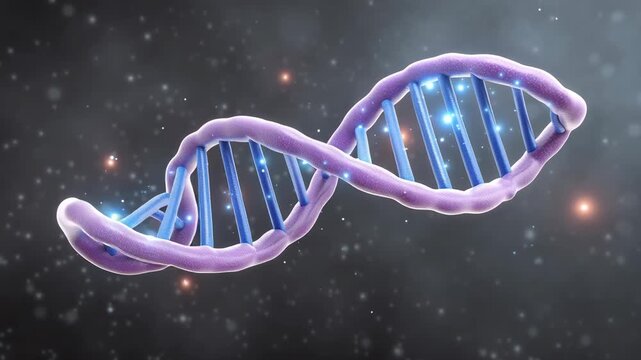 A 3D representation of a DNA double helix with glowing elements against a dark background.