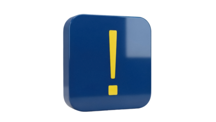 Blue square with yellow exclamation mark isolated PNG, attention sign for web design and user interface elements on transparent background