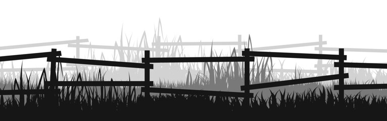 Obraz premium Meadow silhouettes with grass and old wooden fence. Countryside, panoramic summer lawn rural landscape with herbs, weeds. Herbal border, frame element. Black horizontal banners. Vector illustration