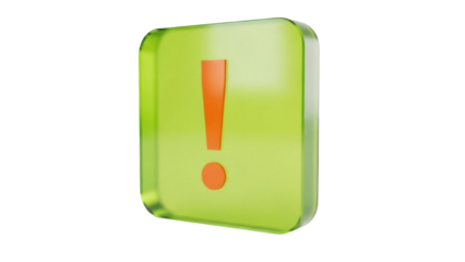 Green square with orange exclamation mark PNG isolated on transparent background, attention sign for graphic design and web use