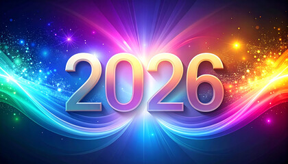 2026 colorful celebration numbers with abstract light waves and sparkling stars, festive vibrant background full of energy and excitement