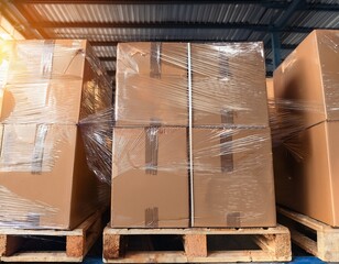 close up of shrink wrapped cardboard boxes on a pallet in storage