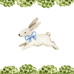Cute Rabbit Watercolor Nursery Illustration with Border