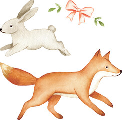 Forest Fox and Rabbit Nursery Watercolor Art