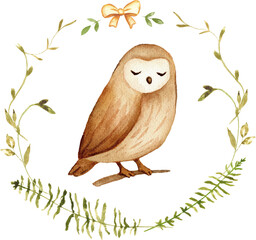 Cute Owl in Botanical Wreath Watercolor
