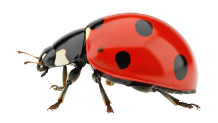 Red ladybug with black spots isolated PNG, close-up of a lady beetle or ladybird on transparent background, insect with shiny shell for biology projects