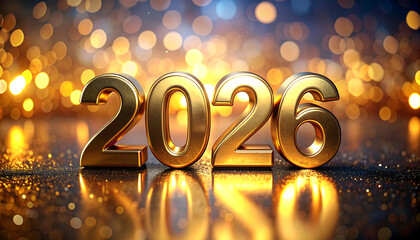 2026 golden numerals glowing on reflective surface with bokeh lights and festive sparkle, celebratory warm atmosphere and optimistic mood