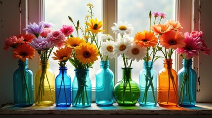 A vibrant collection of colorful flowers arranged in glass bottles on a bright windowsill