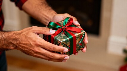 man hands holding christmas gift