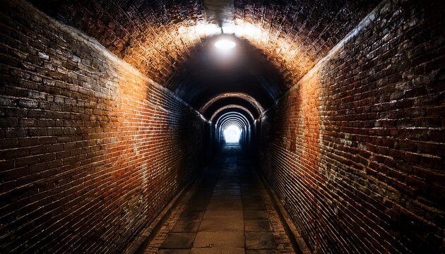 a dark underground brick sewer tunnel leads to a distant point of light