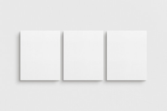 Canvas mockup 4:5. Set of three canvases. Gallery wall mockup, set of 3 canvases. Clean, modern, minimalist, bright. Portrait. Vertical.