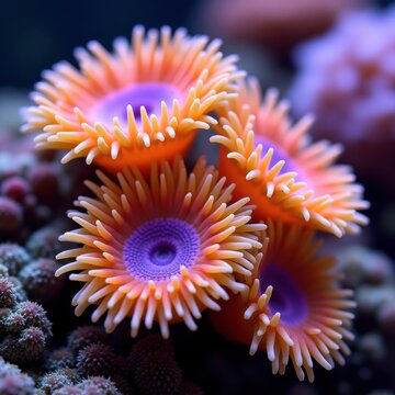 A close-up view of vibrant orange and purple zoanthids flourishing in an aquarium