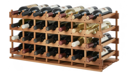 Wine bottles on a wooden rack isolated on a transparent background storage