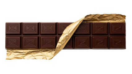 Dark chocolate bar in golden foil isolated PNG, unwrapped sweet dessert treat for confectionery and snack food designs