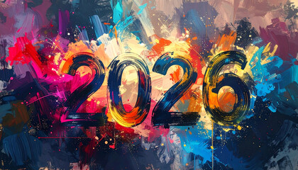 2026 painted numerals with vibrant multicolor brushstroke background conveying celebratory energy and artistic texture