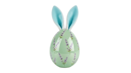 Pastel green Easter egg with bunny ears isolated PNG, decorated with lavender flowers on transparent background, spring holiday design element