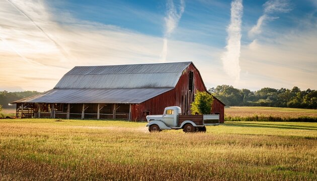 old barn in the field with vintage truck parking in front of the farm
