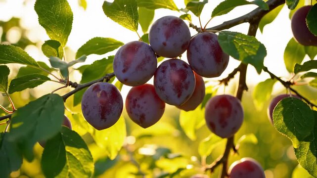 Plum Tree Branch Bending With Ripe Fruits in Sunset Light