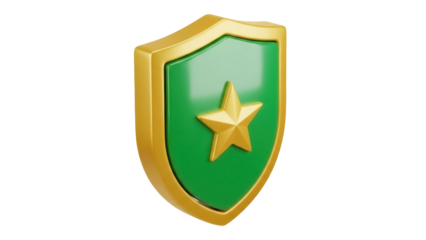 Gold and green shield with star isolated PNG, achievement badge for game or app design, security and protection concept