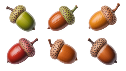 Collection of Colorful Acorns in Various Stages of Ripeness, Isolated on Transparent Background
