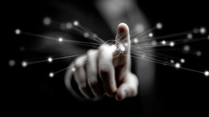 Hand of individual gently touching a network of white dots symbolizing connections and communication in digital space