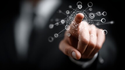 Hand of person engaging with a network of connected lines illustrating the dynamic nature of modern digital interaction