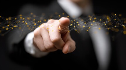 Hand of individual touching a network of connected lines representing collaboration and interaction in digital environment