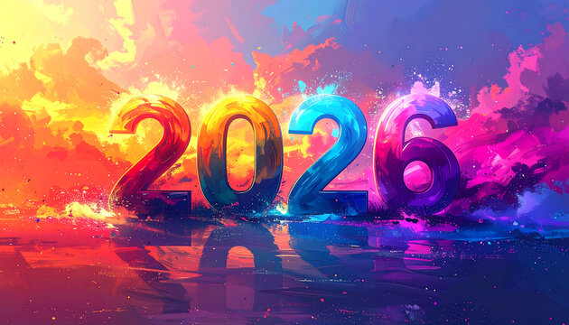 2026 in vibrant multicolor paint with reflective water and dynamic abstract splash background conveying energetic celebration and optimism - Powered by Adobe