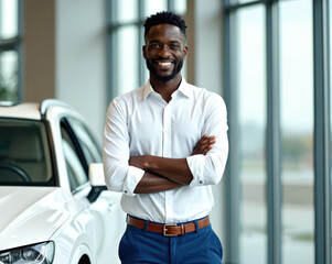 Obraz premium Smiling African American man poses near a new white car. He crosses arms looking directly at camera. Cheerful black guy wears a white shirt and pants in the dealership.