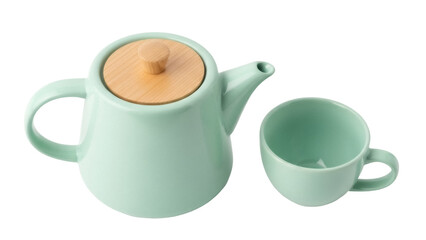 Light green ceramic teapot and cup isolated PNG, minimalist tea set for beverage service and kitchenware design
