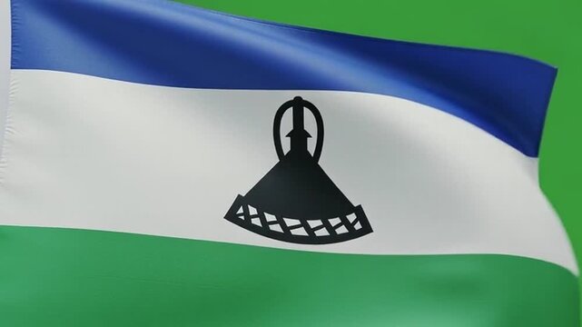 Flag of Lesotho Video Waving in Wind on Pole with Blue White Green Colors and Black Basotho Hat Symbol on Green Background