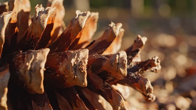 Macro view of a large brown pine cone with textured scales and pointed tips illuminated by soft natural sunlight in a forest setting with a blurred background of fallen leaves and trees
