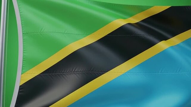 High quality video of the Tanzanian national flag waving in the wind on a pole with green background, featuring green and blue fields divided by black diagonal stripe with yellow borders, ideal for ch