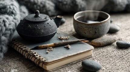 Japanese Tea Ceremony Set with Notebook and Brush