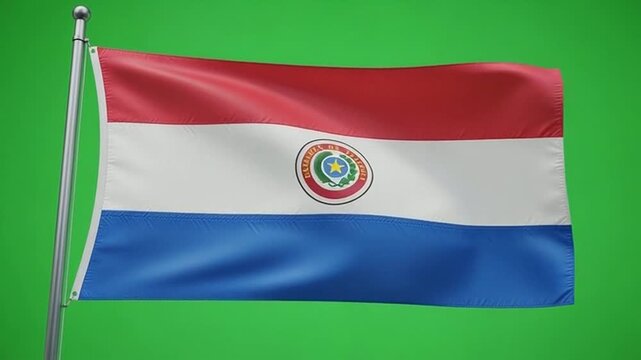 High quality video of the Paraguayan national flag waving in the wind on a pole with green background, featuring red, white, and blue horizontal stripes with the national seal emblem, ideal for chroma