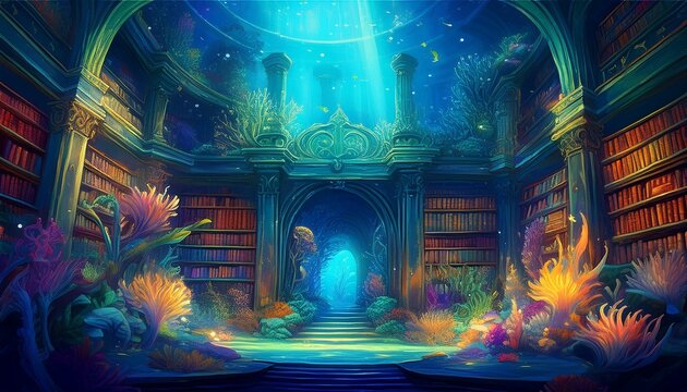 fantasy underwater library of ocean antiquity concept a mystical library glowing with vibrant colorful flora