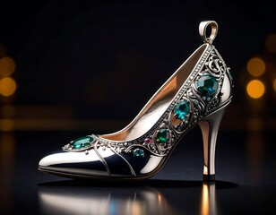 A high-heeled shoe, adorned with jewels and intricate silver filigree. A ring tops the back
