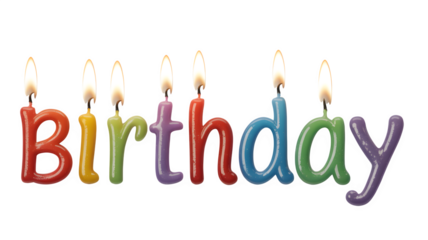 Colorful Birthday Candles Spelling 'Birthday' with Lit Flames, Isolated on Transparent Background