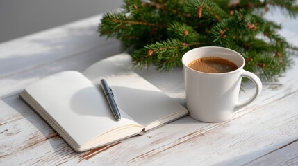 Morning Coffee and Journal on White Wooden Table with Pine Branches