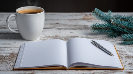 Morning Coffee and Notebook on Rustic Table
